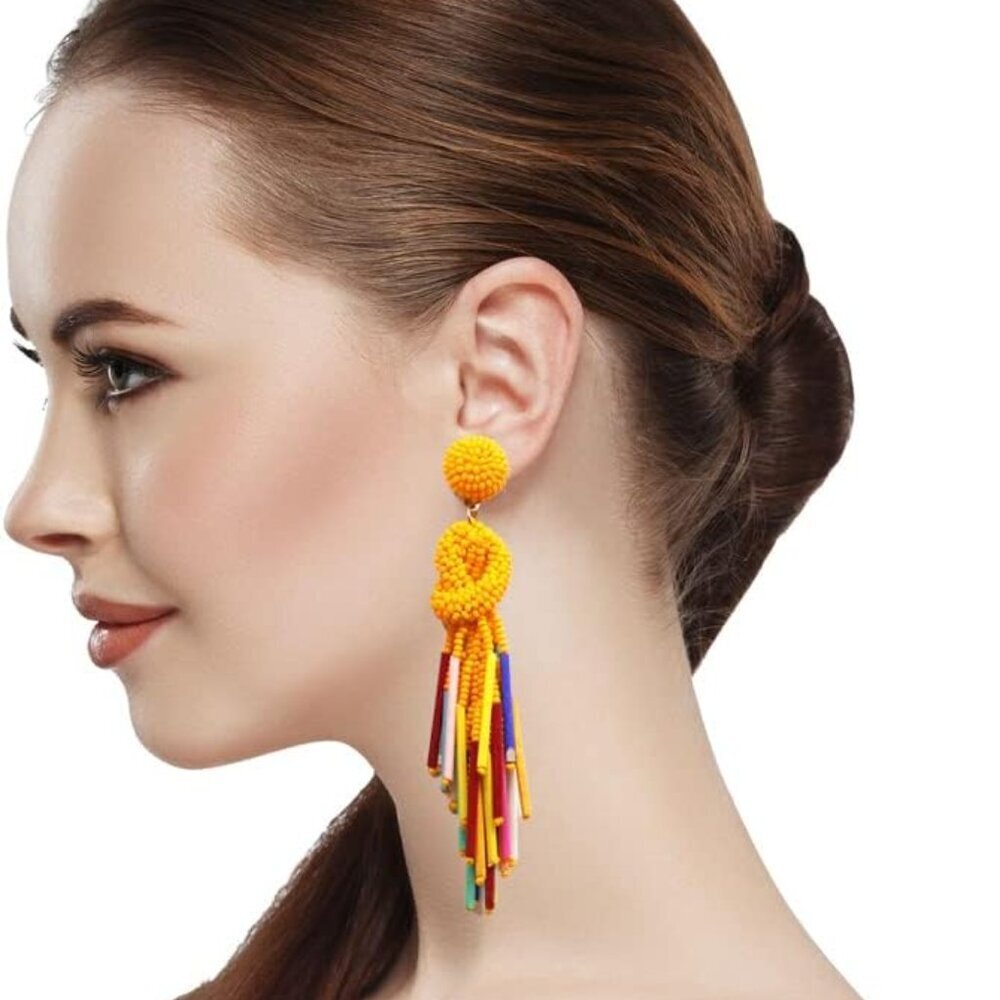 Handmade Neon Beaded Dangle Earrings for Women, 4 Inch Long, Orange Multi, Croch - Picture 3 of 3